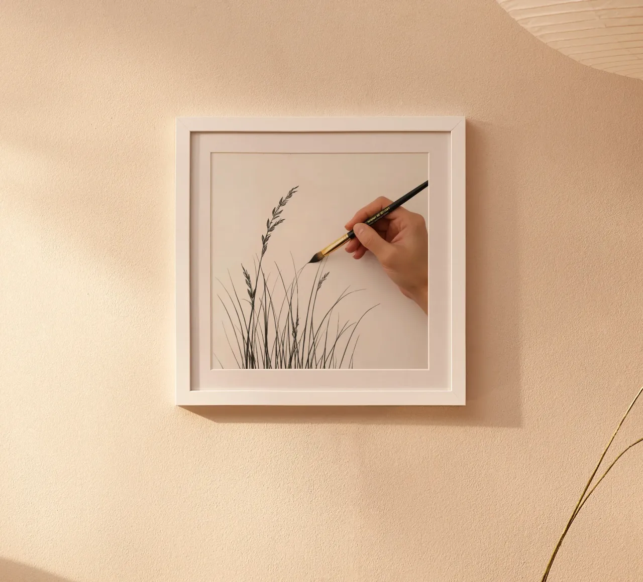 L'artista applica il pennello sulla carta creando delicati dettagli dell'erba poster da DesignDoodle