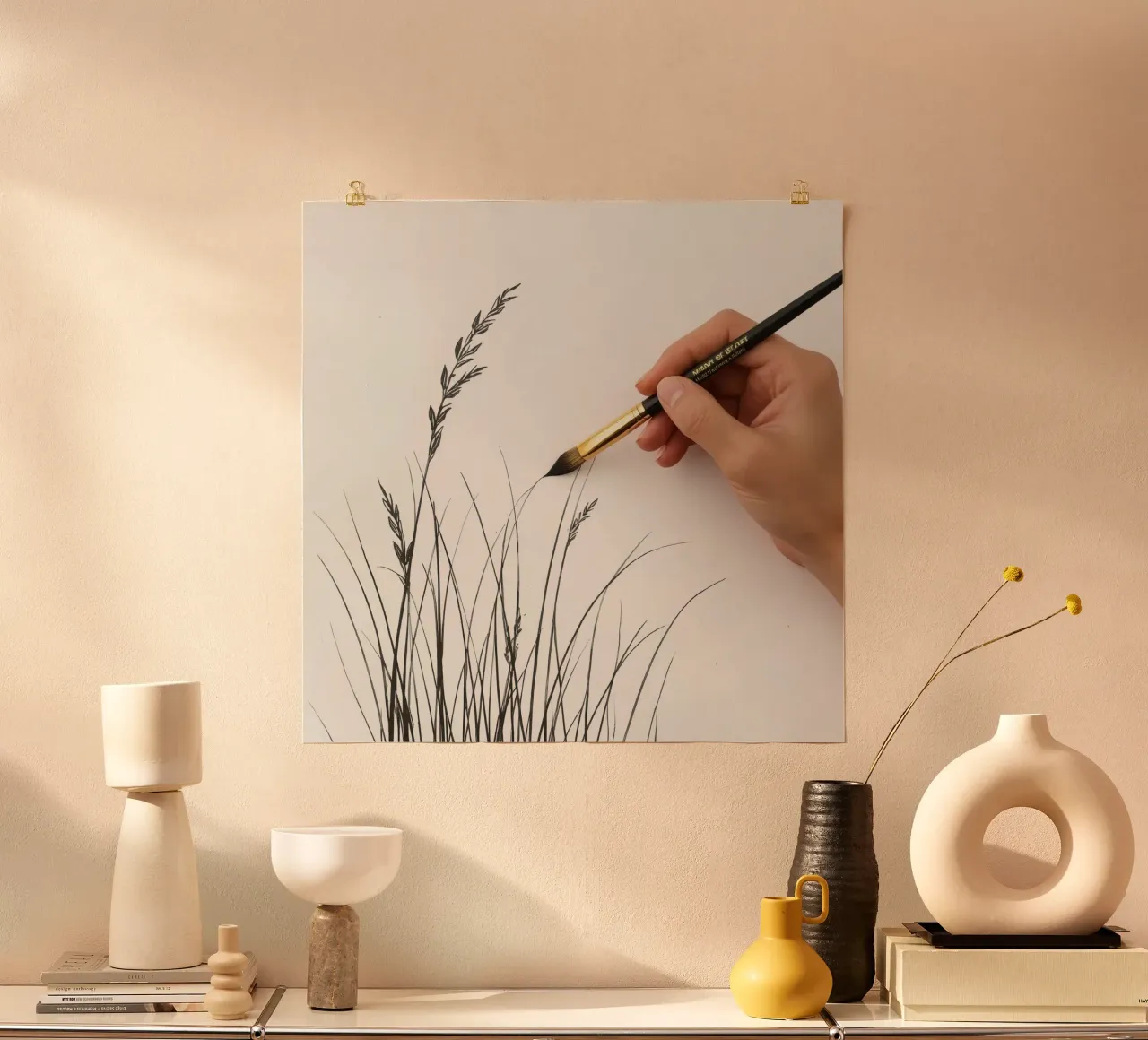 L'artista applica il pennello sulla carta creando delicati dettagli dell'erba poster da DesignDoodle