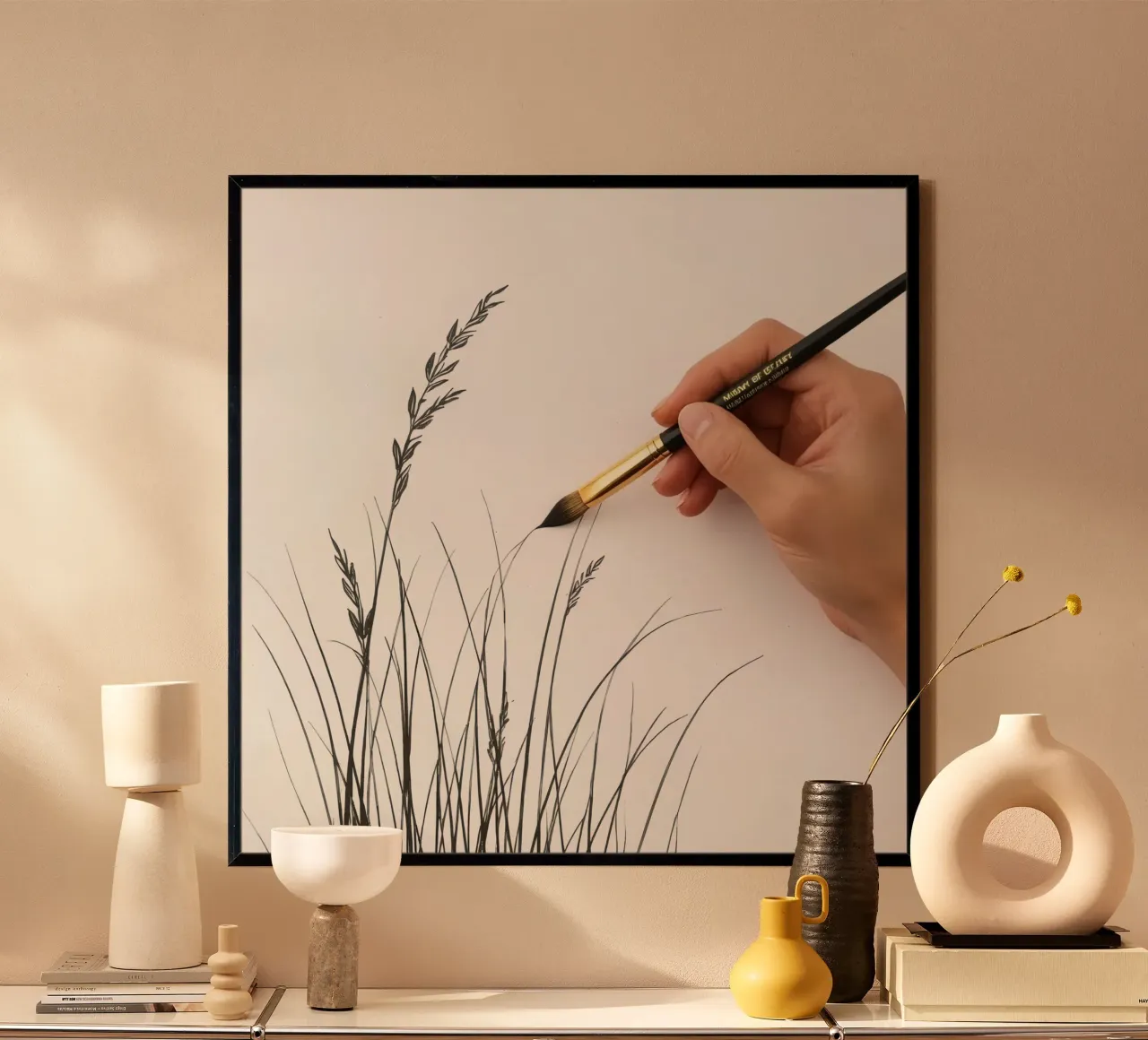 L'artista applica il pennello sulla carta creando delicati dettagli dell'erba poster da DesignDoodle