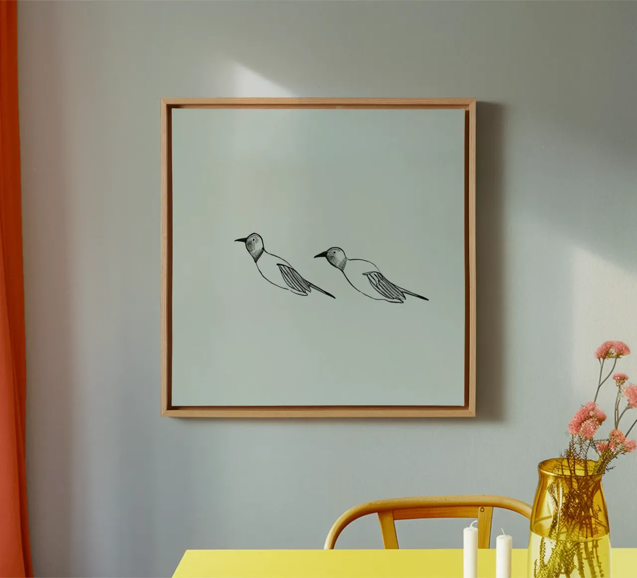 Hand-drawn illustrations of two birds flying on lime art canvas with Floater frame by DesignDoodle