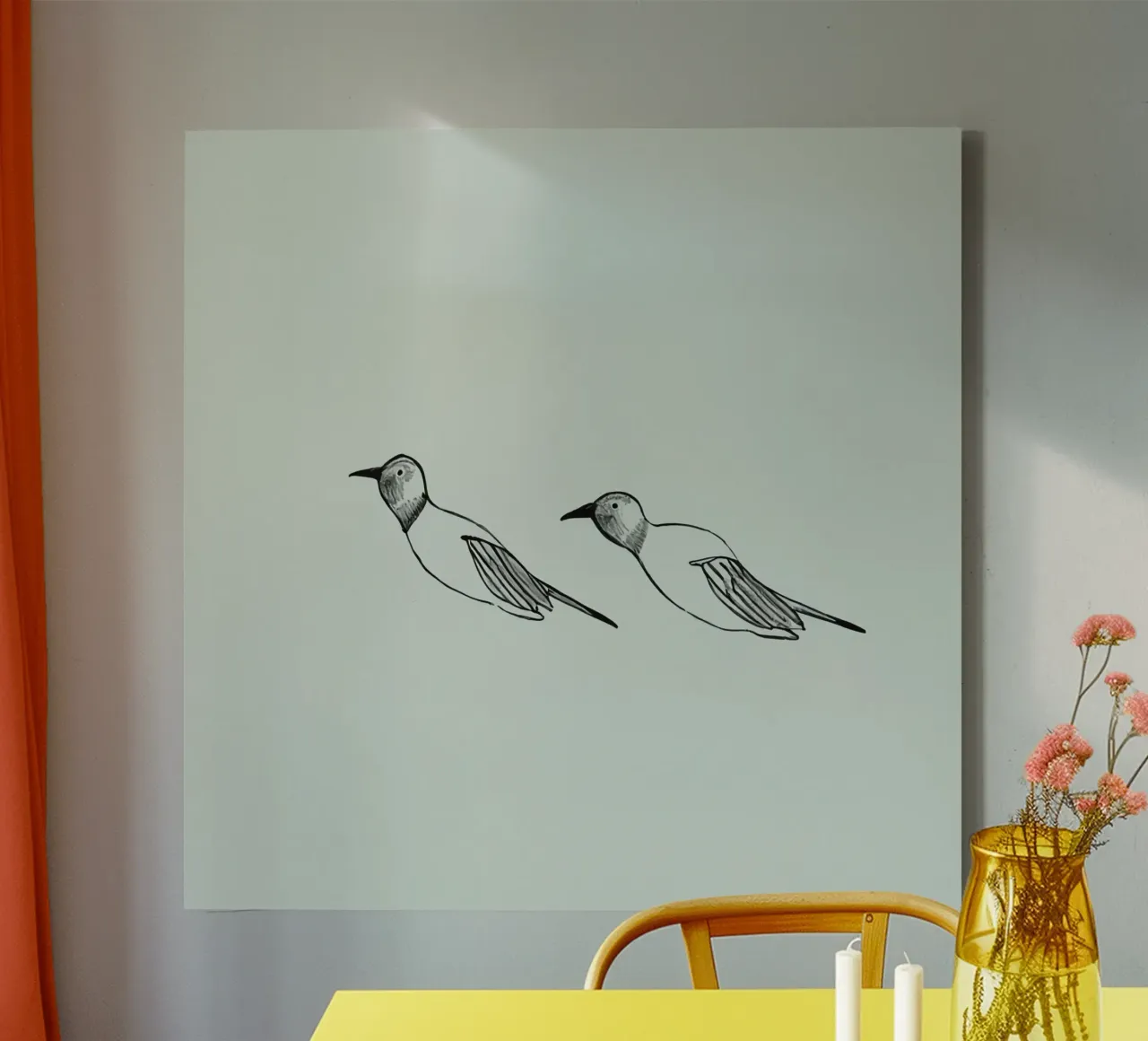 Hand-drawn illustrations of two birds flying on lime art canvas with Floater frame by DesignDoodle