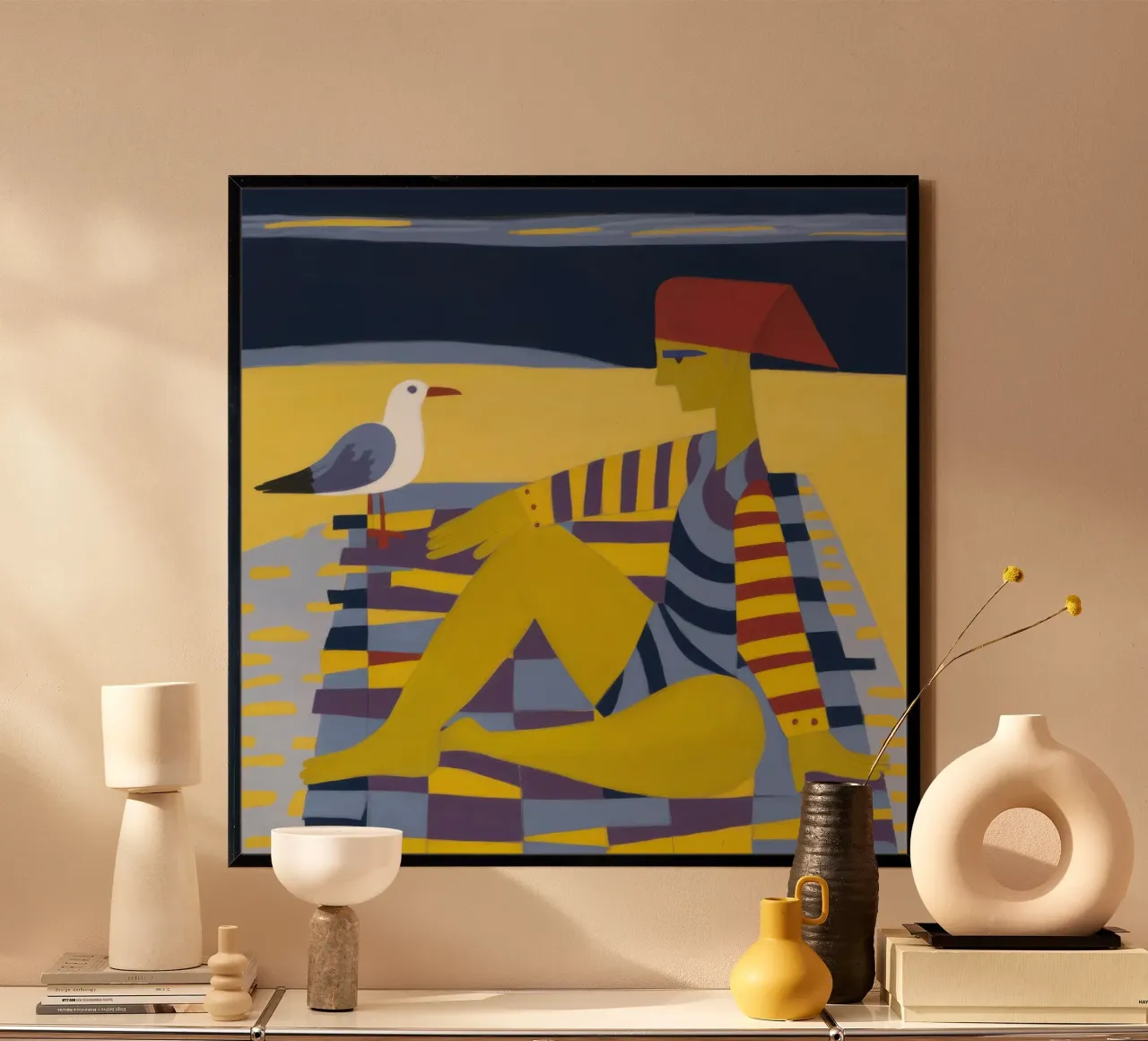 Sole a scacchi in riva al mare poster con telaio in legno da Prism Ritual