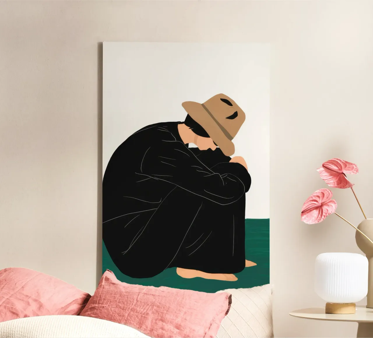 Traurig sitzende Einsamkeit Leinwand mit Schattenfugenrahmen von Bring Haven