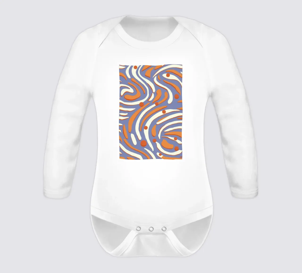 Groovy Orange Swirls long-sleeve baby romper by Veil Maya