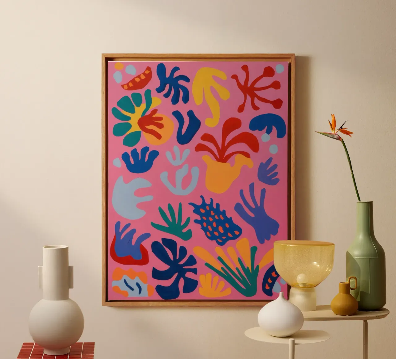Speels bloemenabstract canvas met Baklijst van Solar Paint