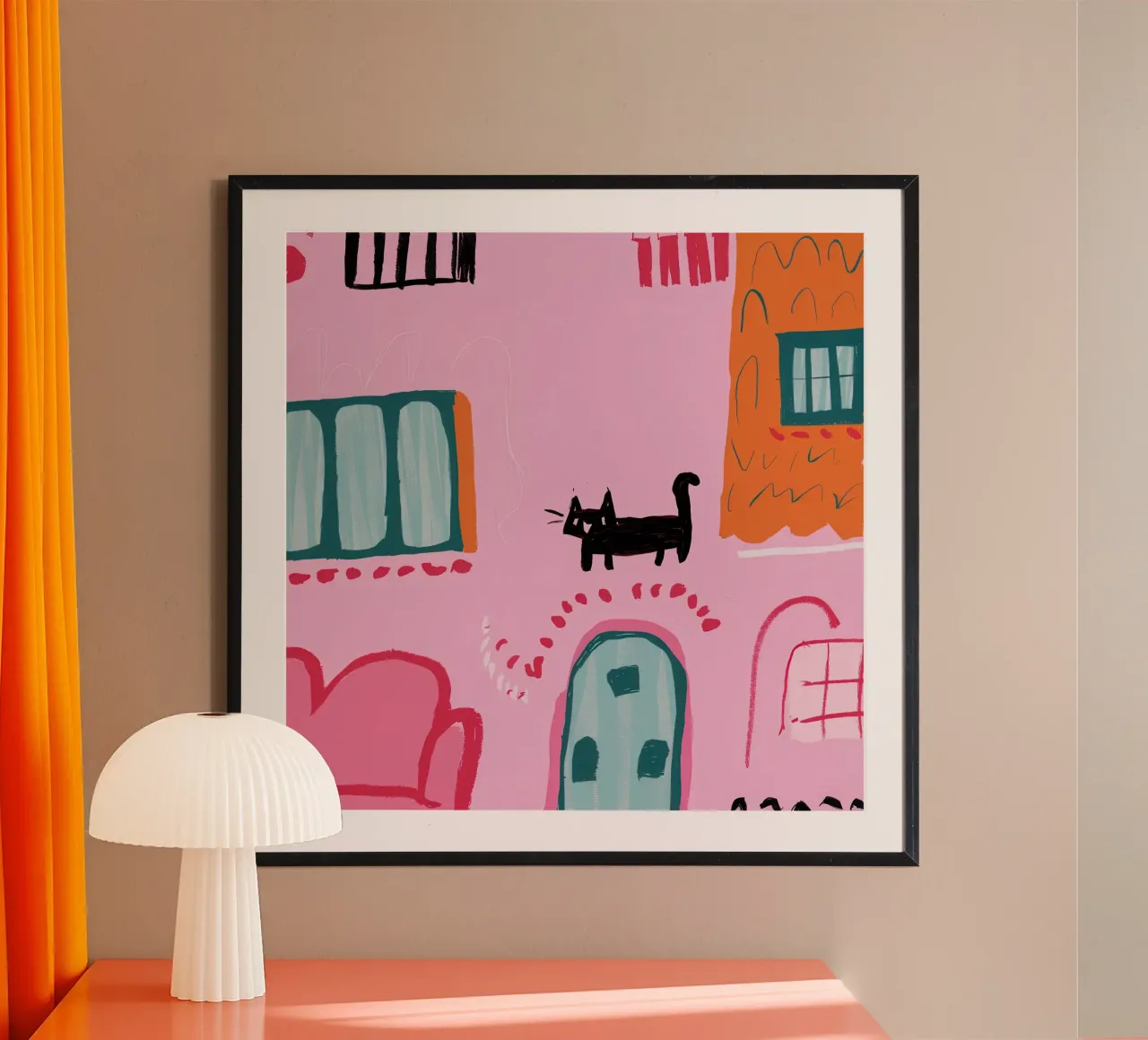 Gatto da parete rosa poster con telaio in legno da Solar Paint