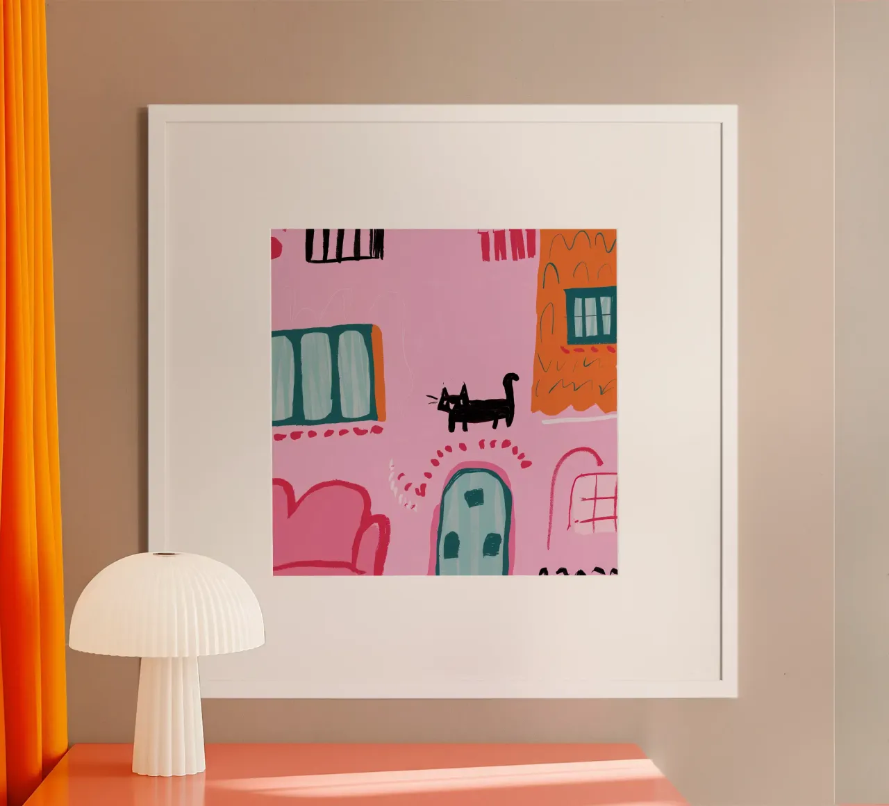 Gatto da parete rosa poster con telaio in legno da Solar Paint