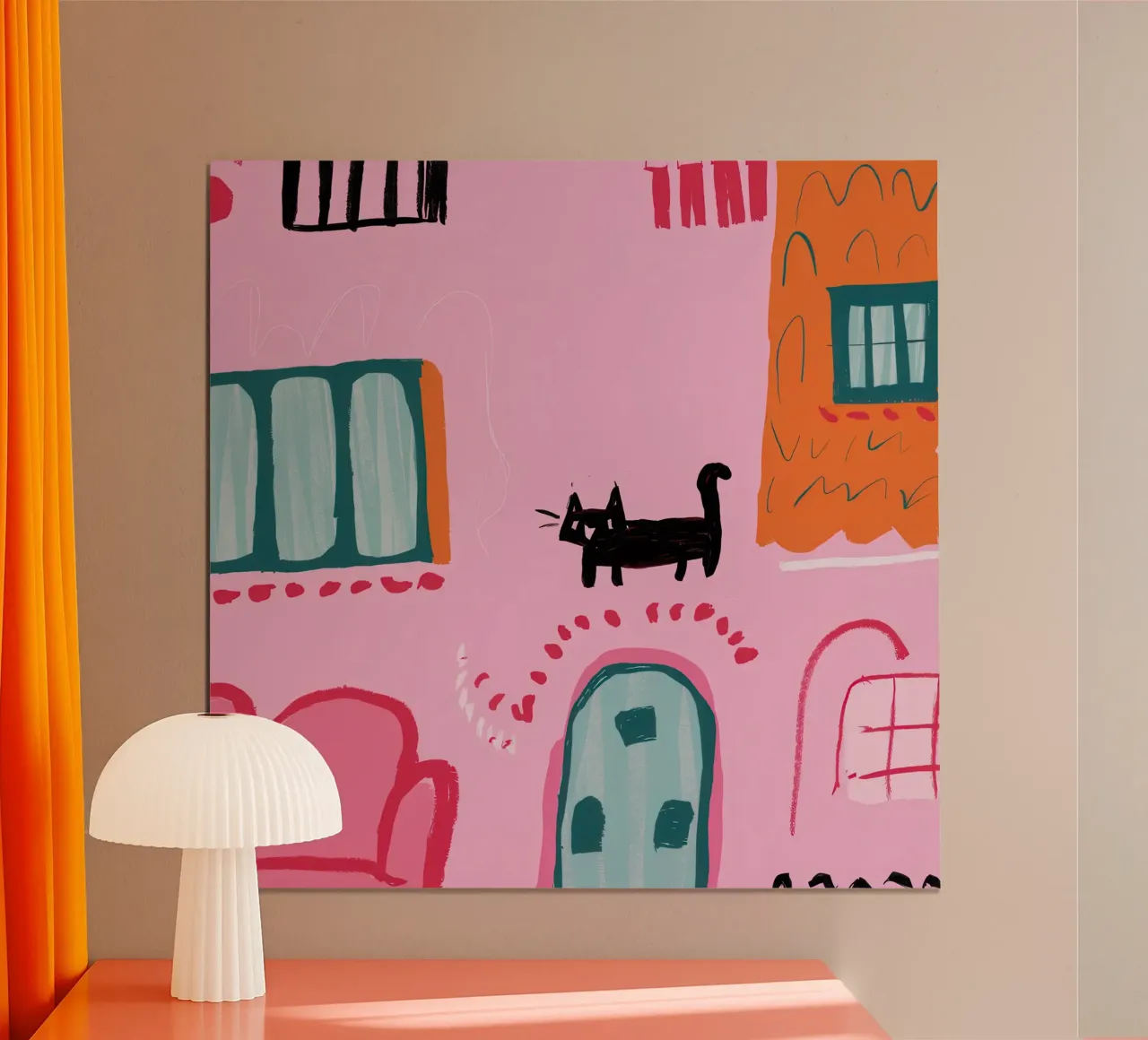 Gatto da parete rosa poster con telaio in legno da Solar Paint