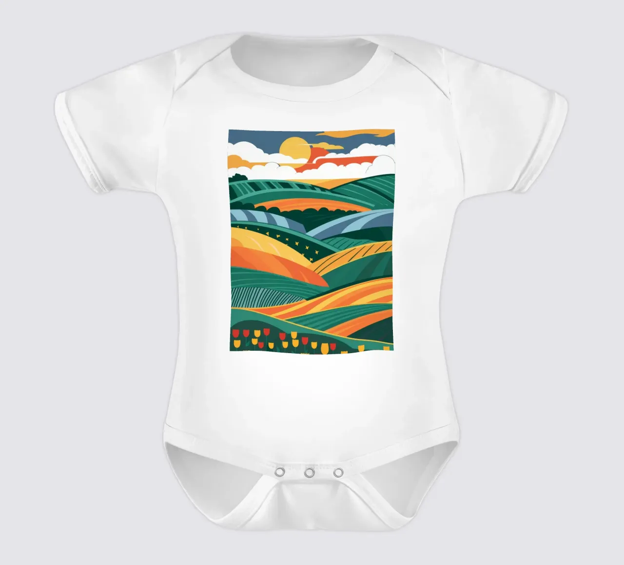 Vibrant Pastoral Dreamscape short-sleeve baby romper by Prism Ritual