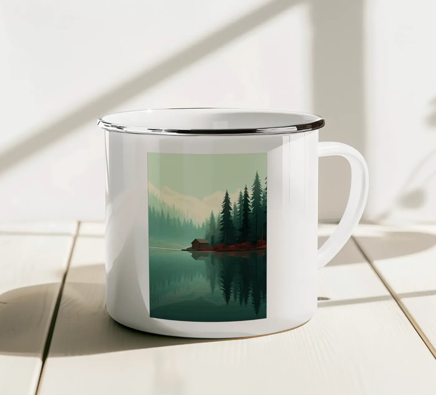 pine trees reflection enamel mug by Histrol