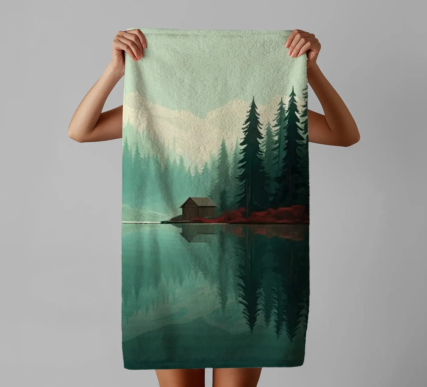 pine trees reflection badhanddoek van Histrol