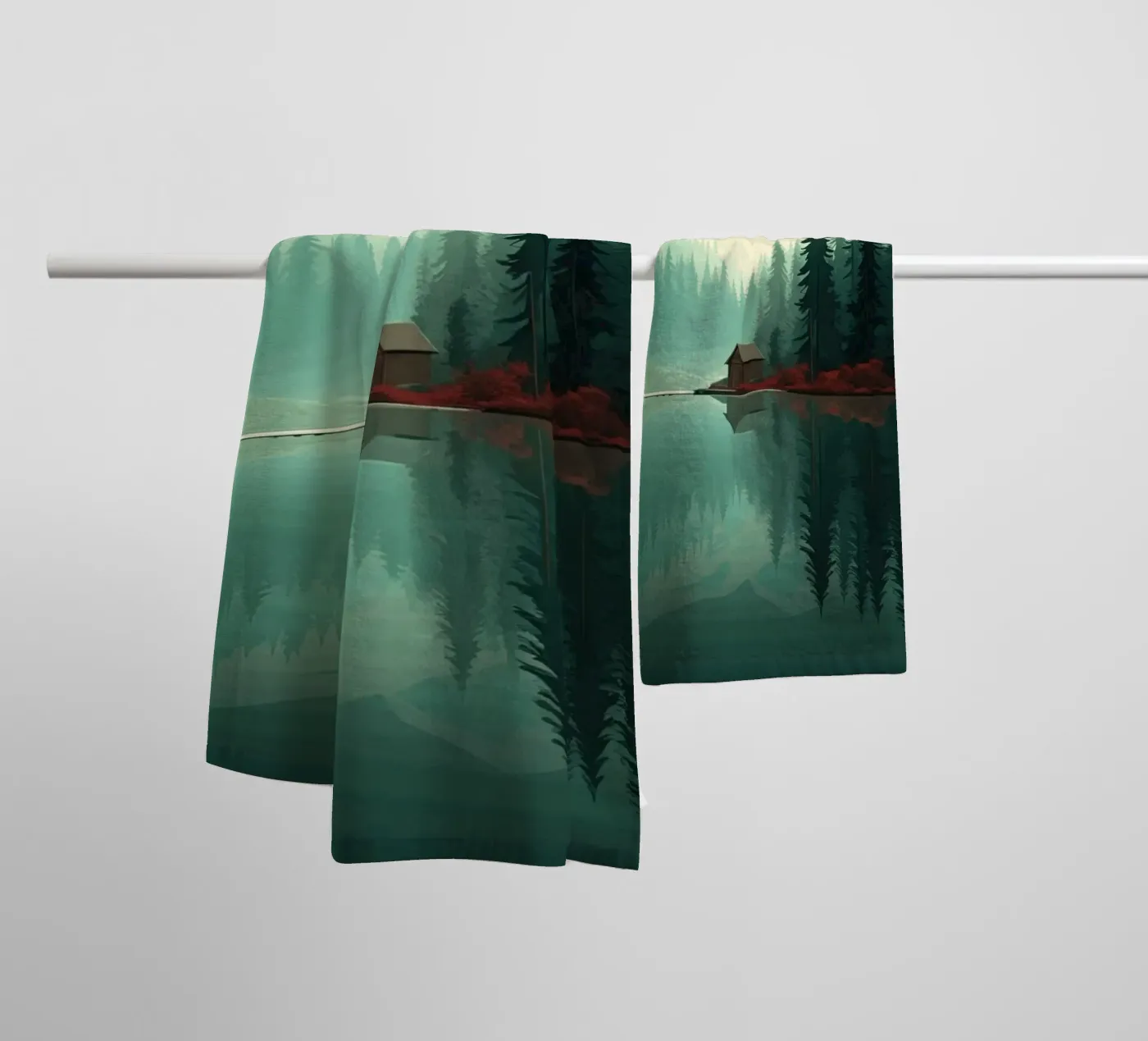 pine trees reflection badhanddoek van Histrol