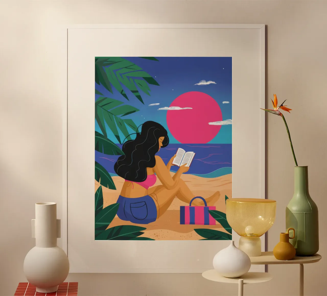 Escapada de lectura al atardecer poster con marco de plástico de Solar Paint
