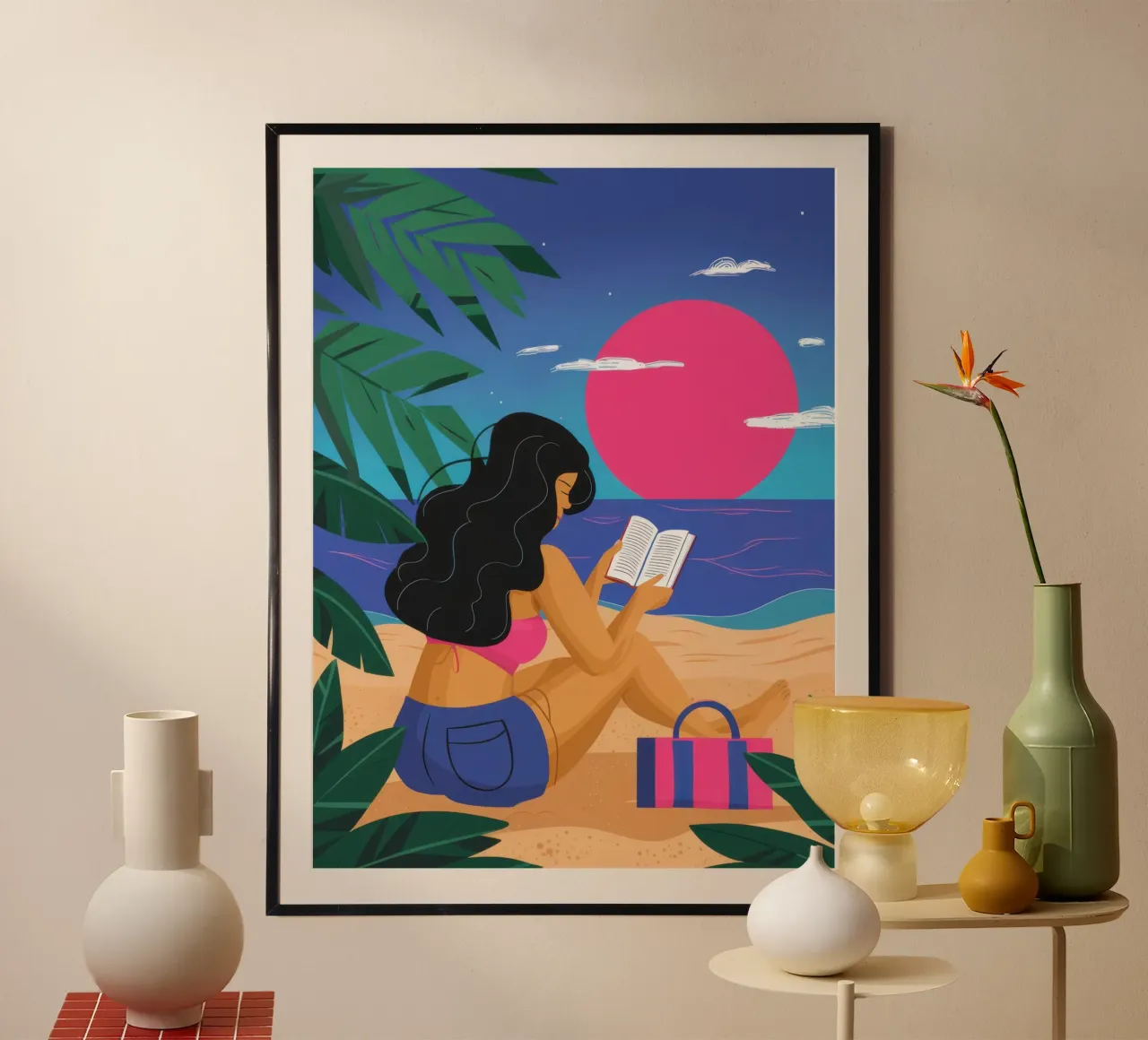 Escapada de lectura al atardecer poster con marco de plástico de Solar Paint