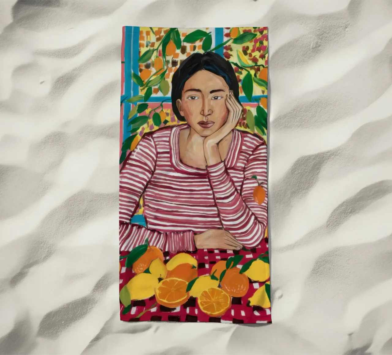 Abundance at the Table beach towel by Flock Reverie