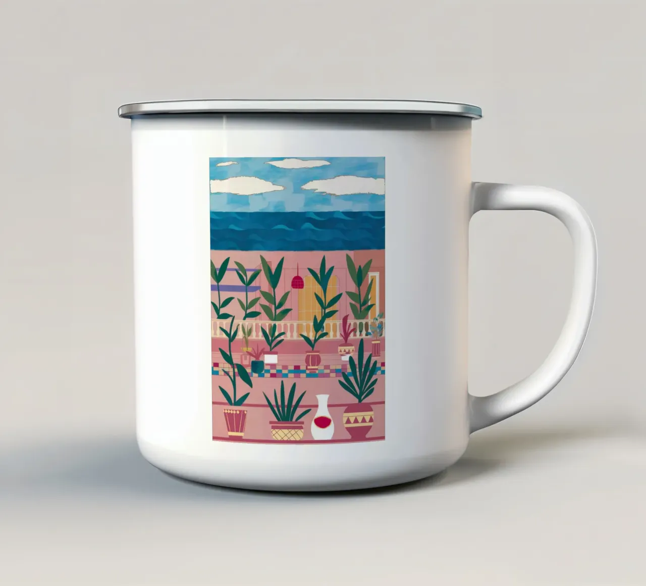Serene Coastal Garden enamel mug by Veil Maya