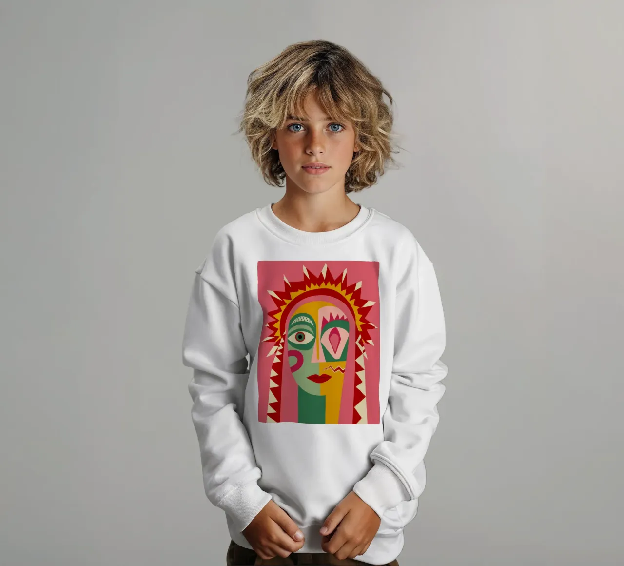 Radiant Sun Face kids sweatshirt by Flock Reverie