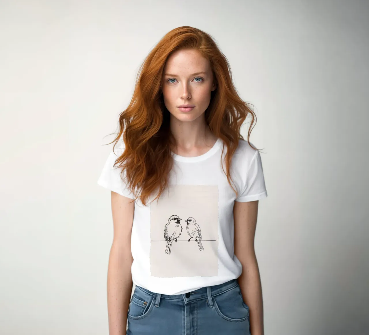 Due piccoli uccelli appollaiati su un ramo sottile in bianco e nero t-shirt da donna da DesignDoodle