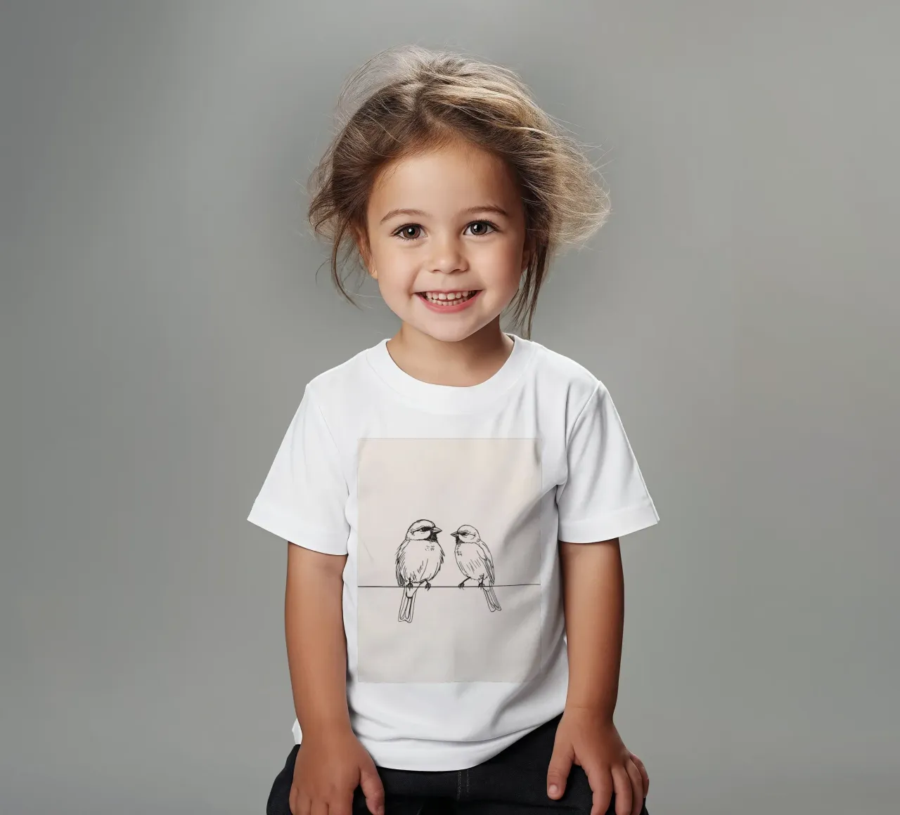 Due piccoli uccelli appollaiati su un ramo sottile in bianco e nero t-shirt bambini da DesignDoodle