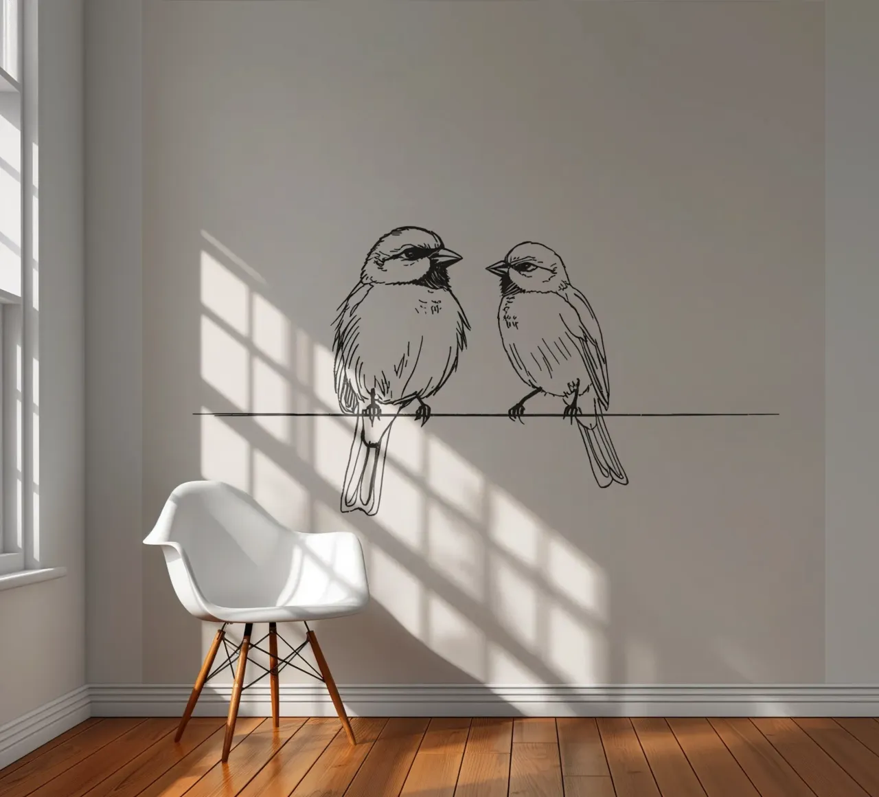 Due piccoli uccelli appollaiati su un ramo sottile in bianco e nero carta da parati fotografica da DesignDoodle