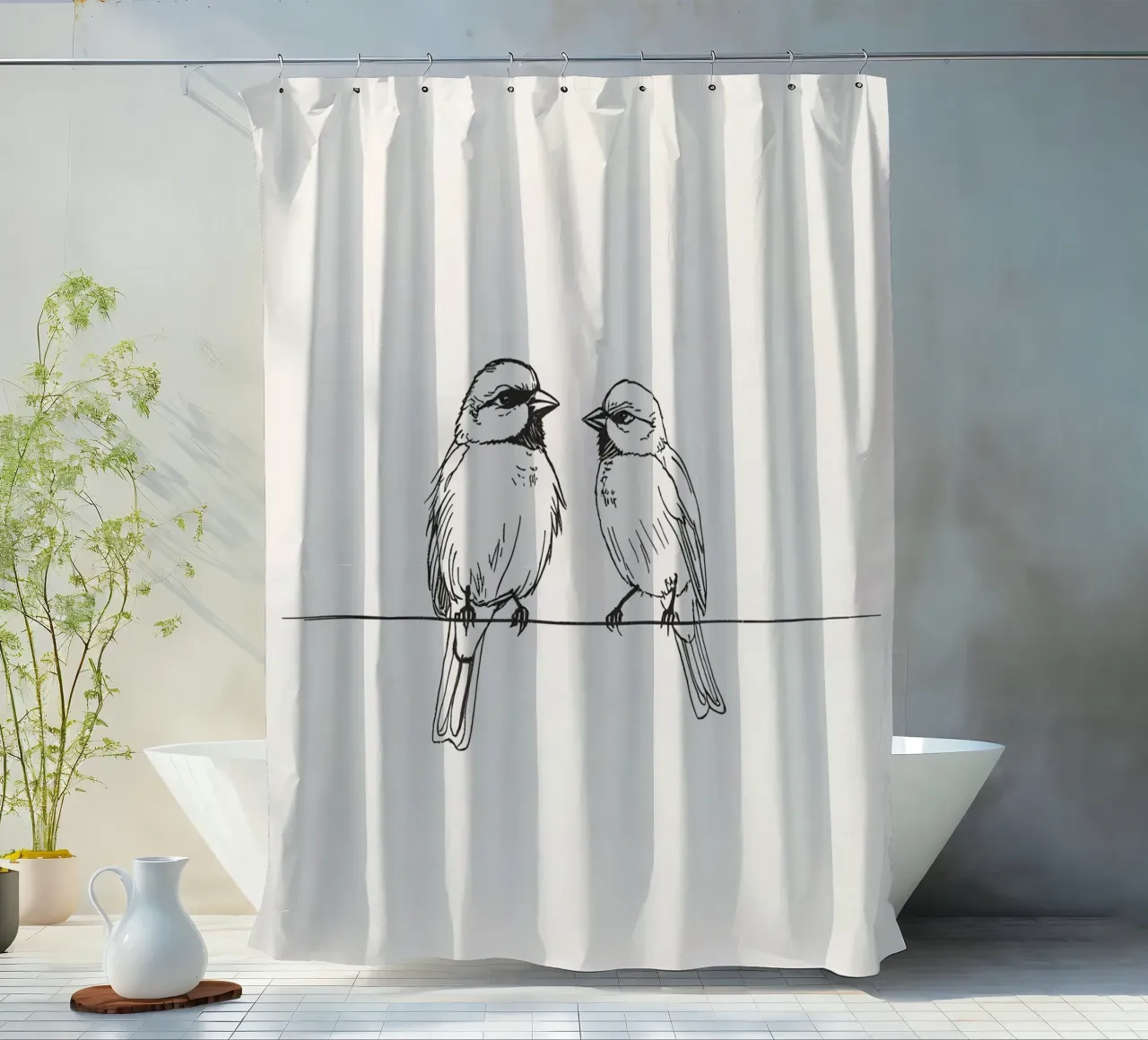 Due piccoli uccelli appollaiati su un ramo sottile in bianco e nero tenda da doccia da DesignDoodle