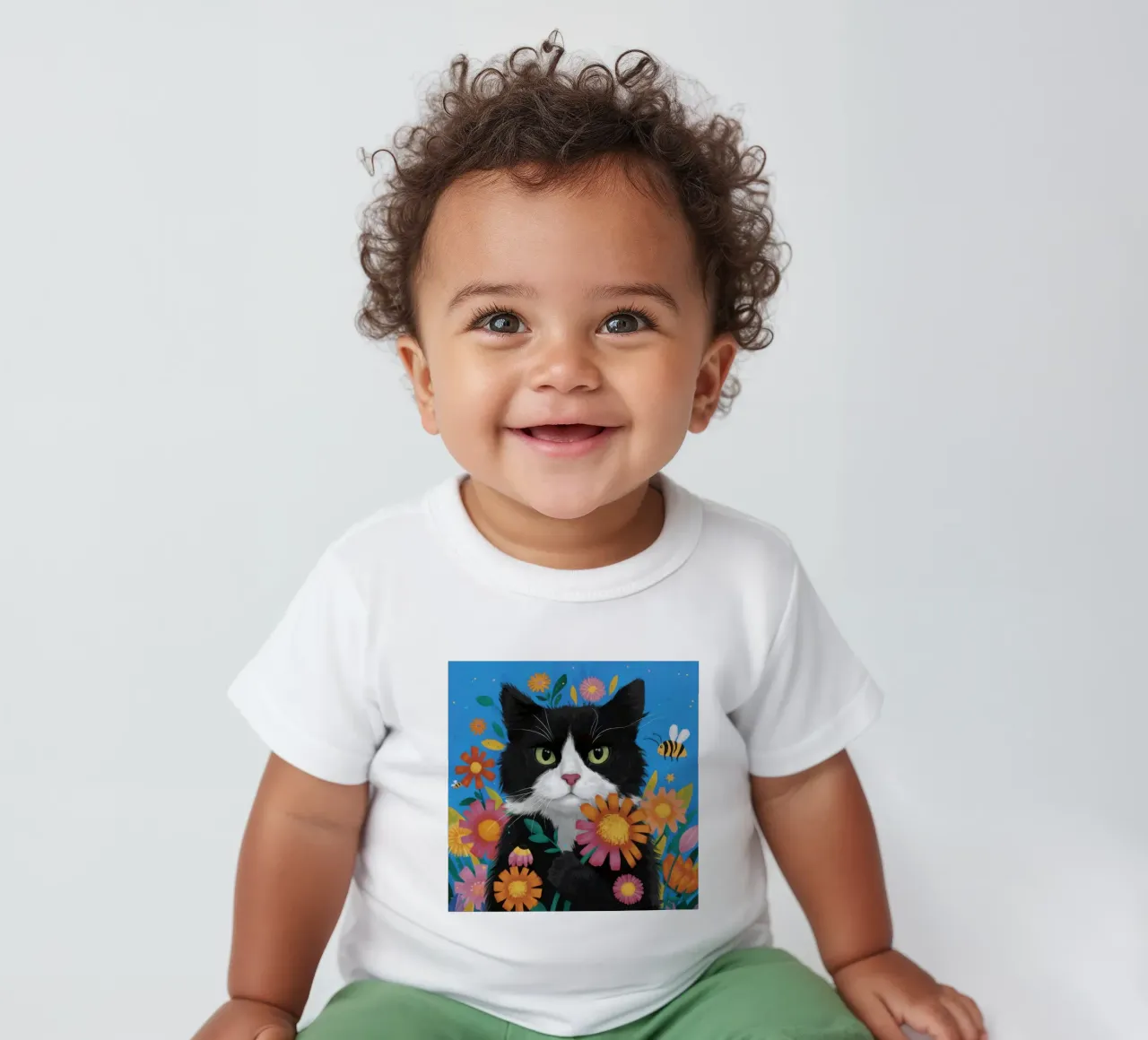The Curious Cat and Bee baby t-shirt by Flock Reverie