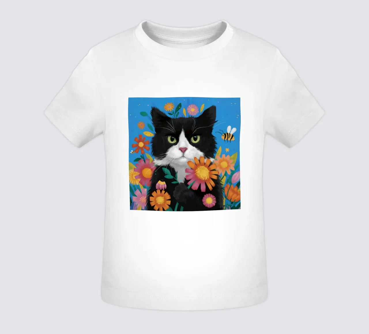 The Curious Cat and Bee baby t-shirt by Flock Reverie