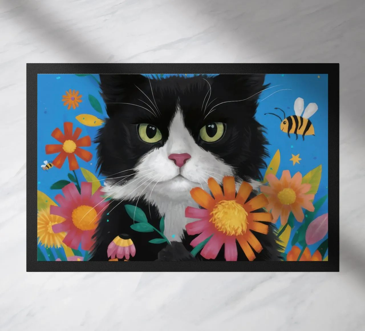 The Curious Cat and Bee doormat by Flock Reverie