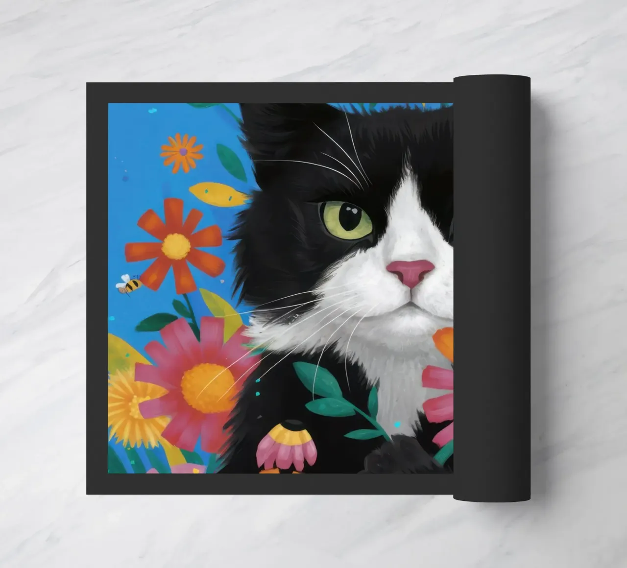 The Curious Cat and Bee doormat by Flock Reverie