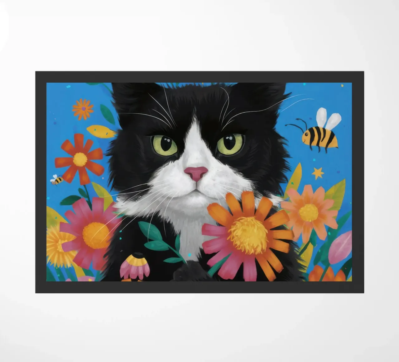 The Curious Cat and Bee doormat by Flock Reverie