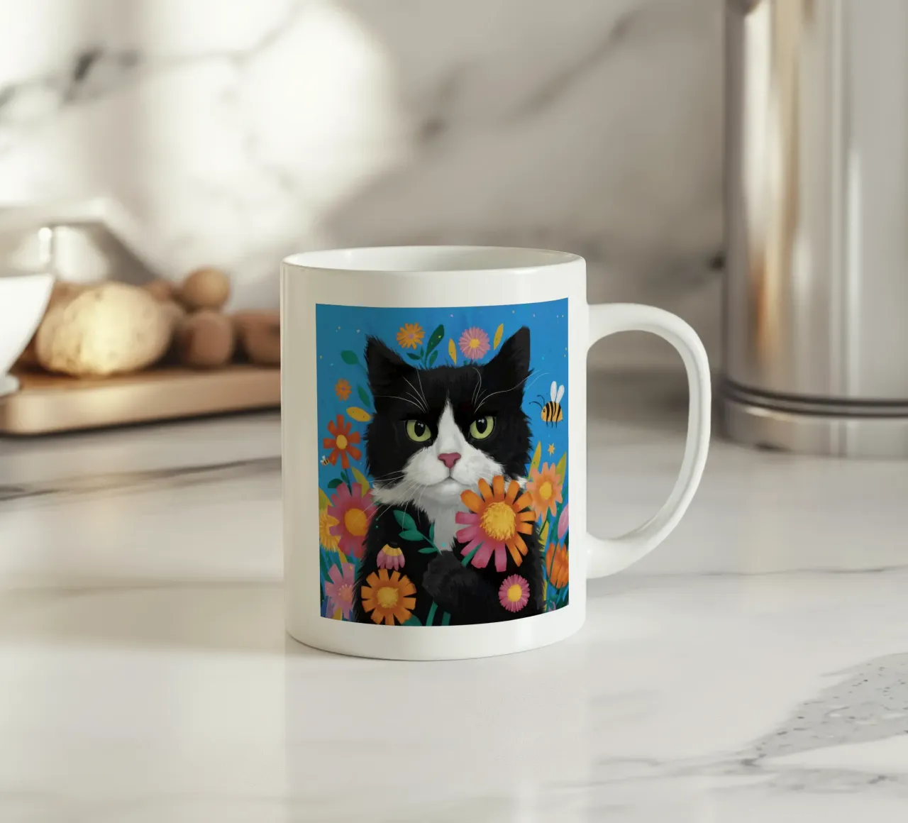 The Curious Cat and Bee ceramic mug by Flock Reverie