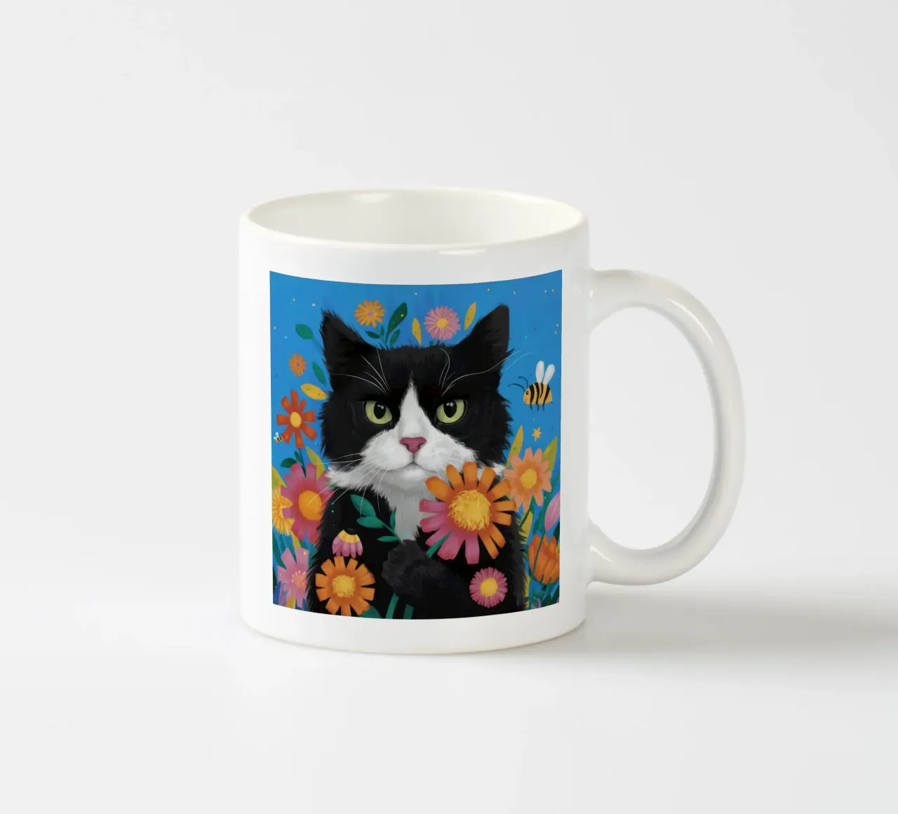 The Curious Cat and Bee ceramic mug by Flock Reverie