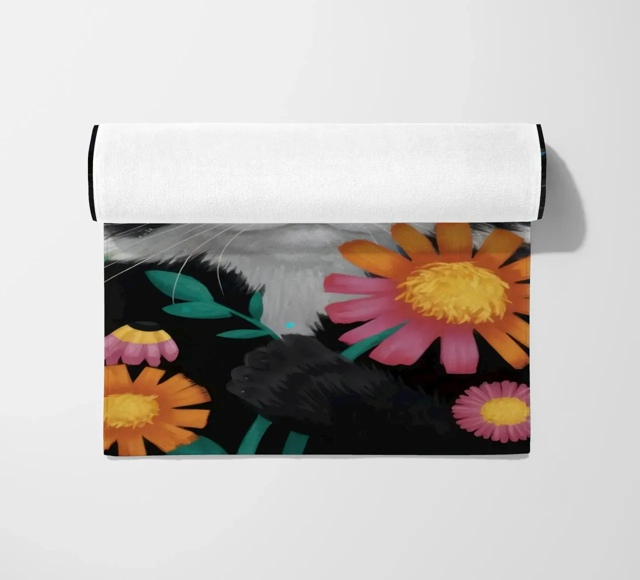 The Curious Cat and Bee beach towel by Flock Reverie