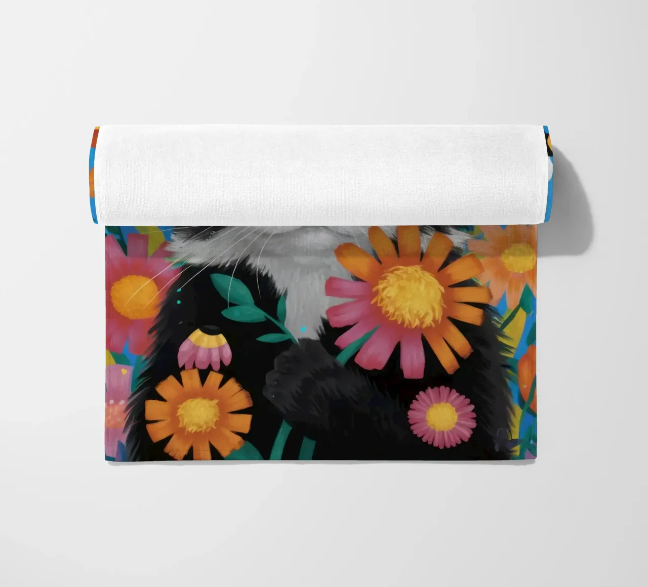 The Curious Cat and Bee beach towel by Flock Reverie