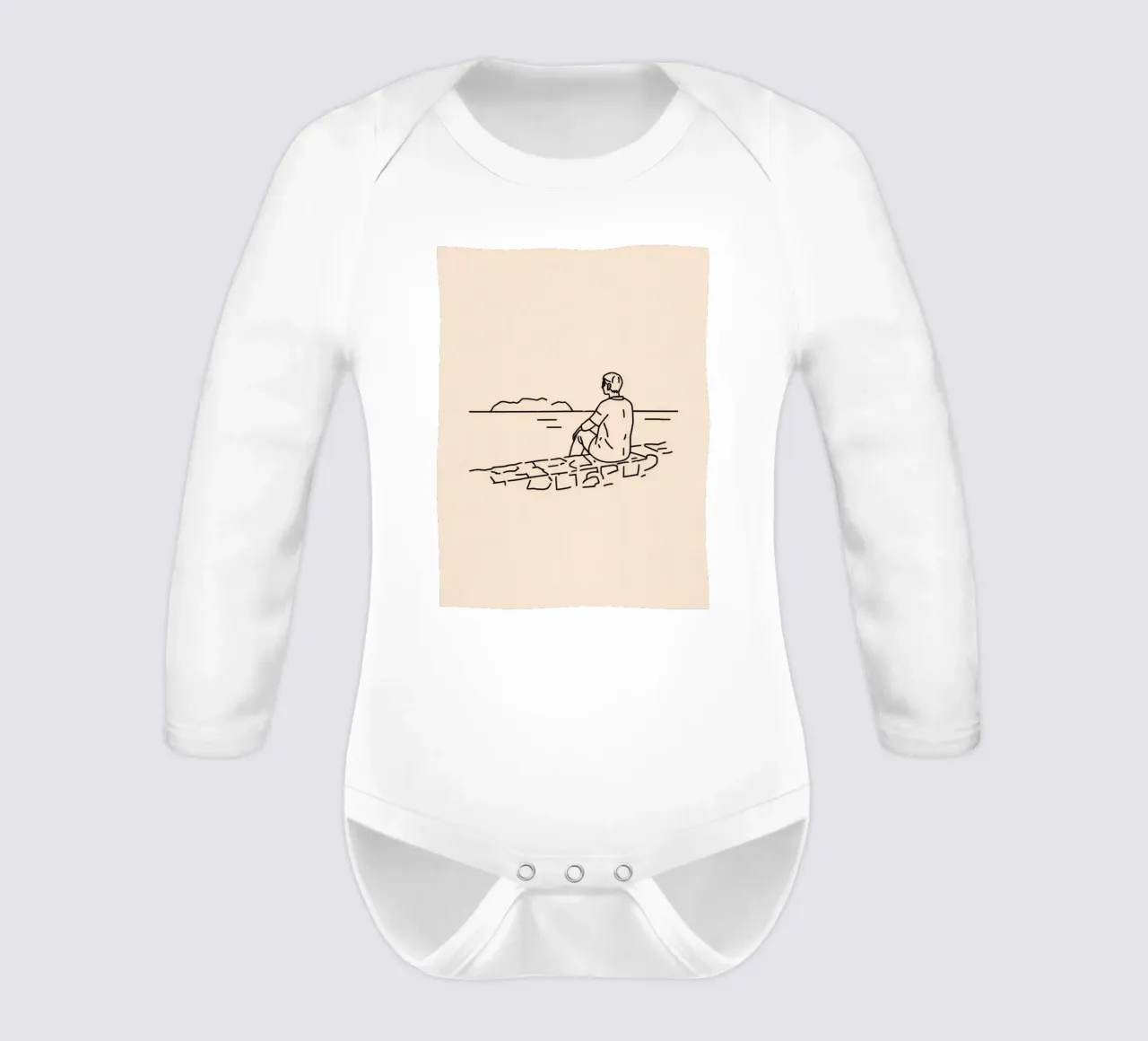 man reflects by the water while sitting on the shore long-sleeve baby romper by DesignDoodle