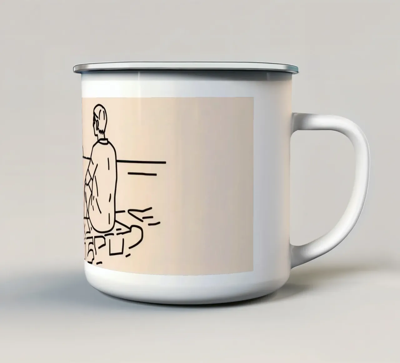 man reflects by the water while sitting on the shore enamel mug by DesignDoodle