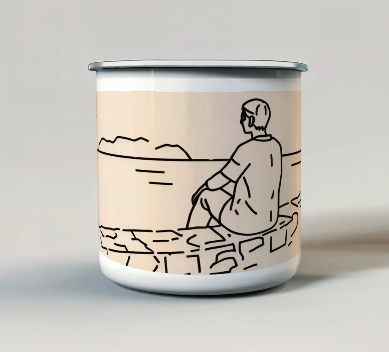 man reflects by the water while sitting on the shore enamel mug by DesignDoodle