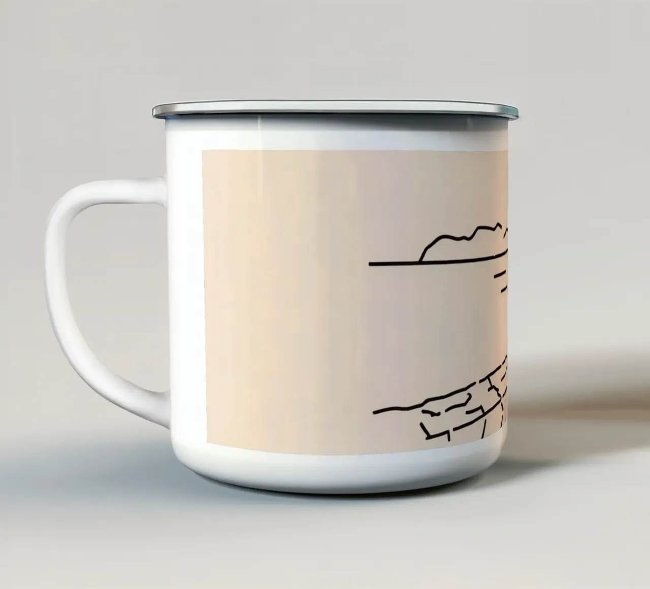 man reflects by the water while sitting on the shore enamel mug by DesignDoodle
