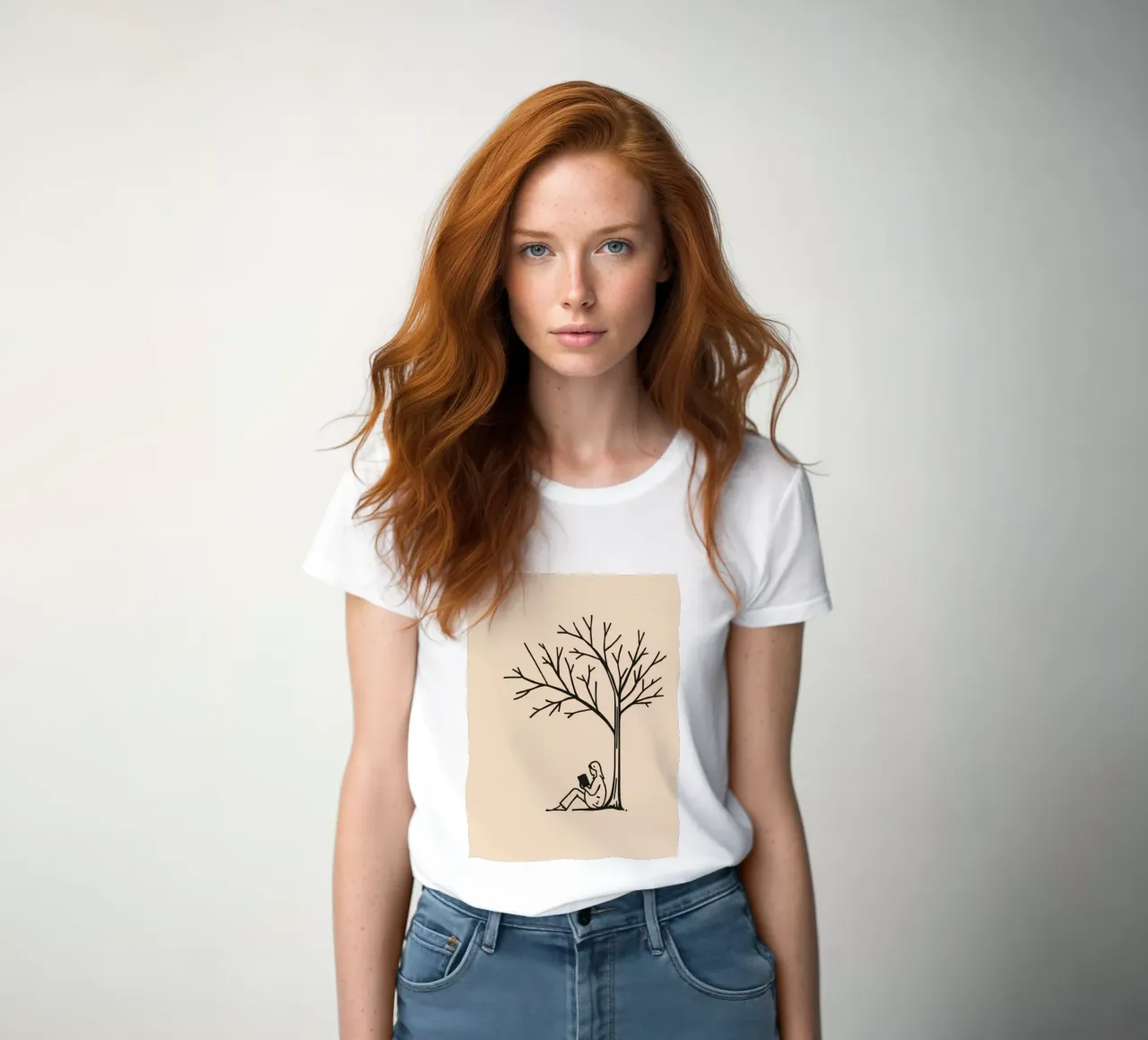Person reading a book under a bare tree on a warm afternoon women's fitted t-shirt by DesignDoodle