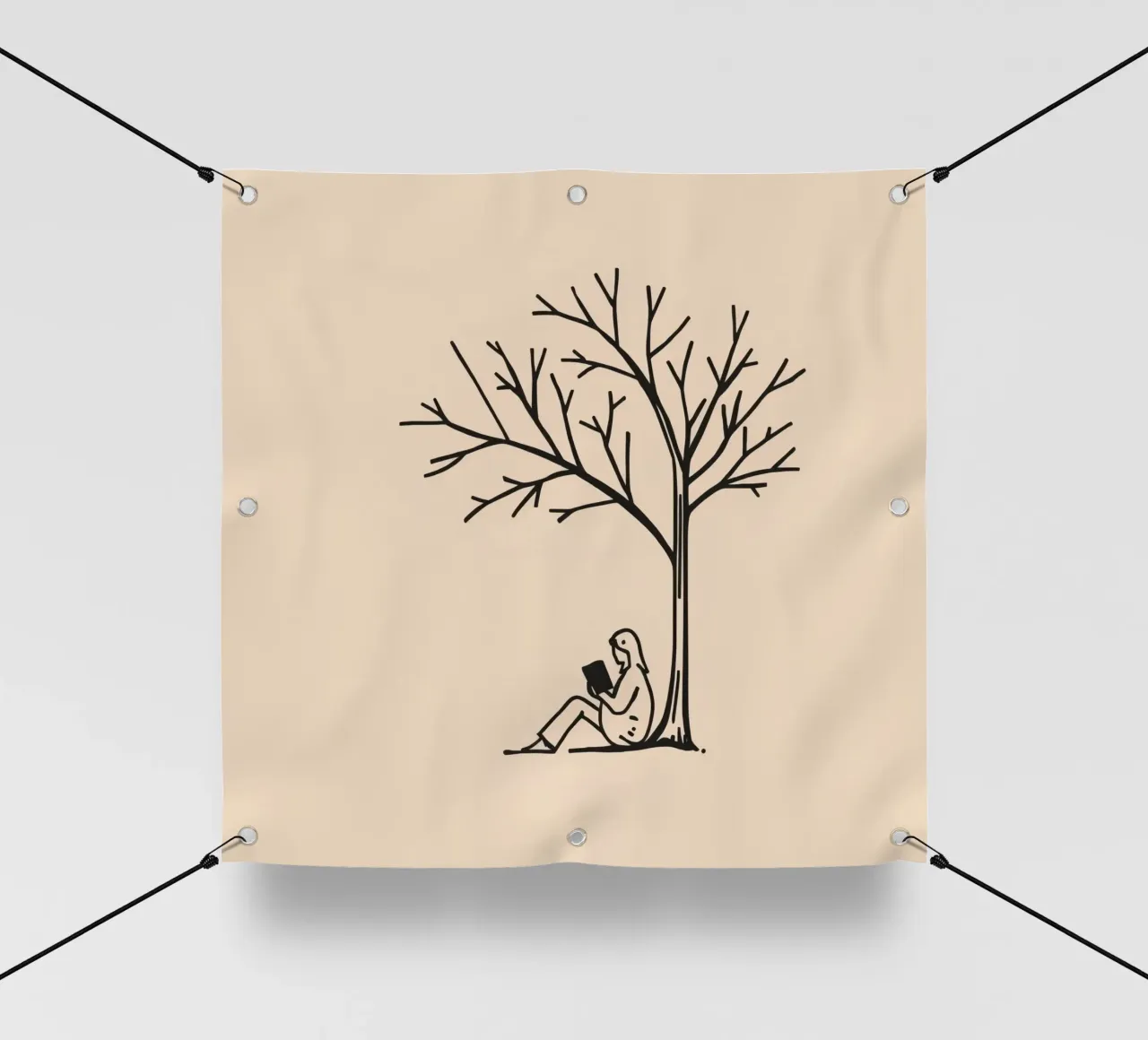 Persona che legge un libro sotto un albero spoglio in un pomeriggio caldo telo in pvc da DesignDoodle