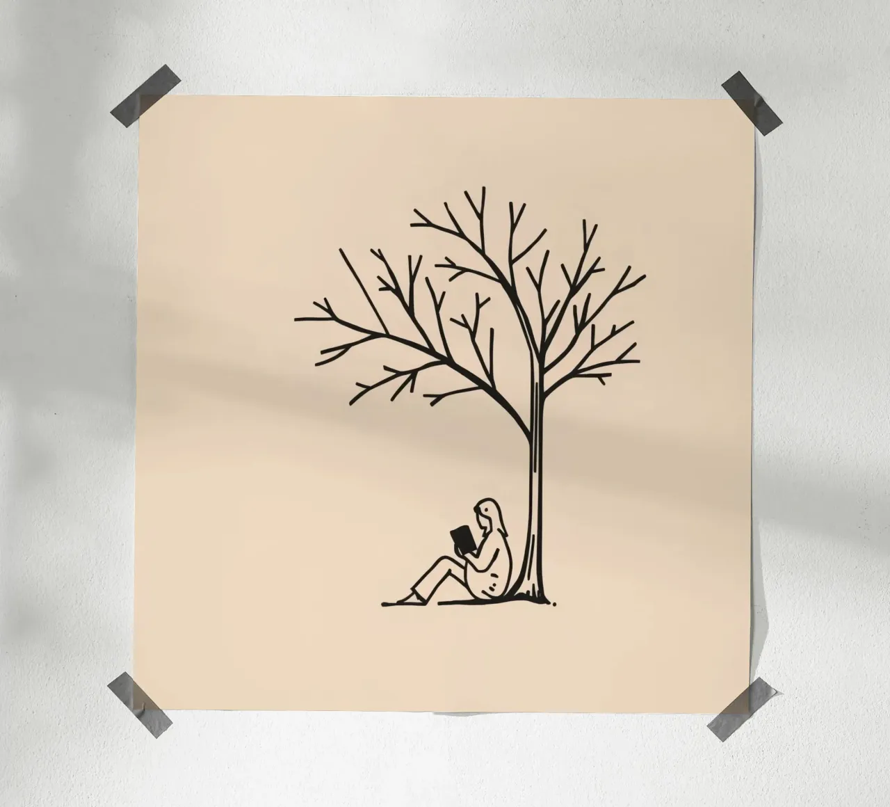 Person reading a book under a bare tree on a warm afternoon hahnemühle by DesignDoodle