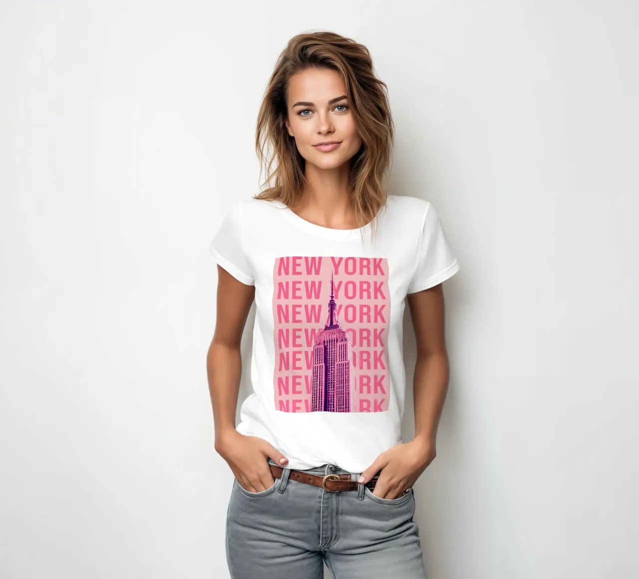 Empire State Building New York Pink Pop Art women's fitted t-shirt by 🥝 KIWI STORE