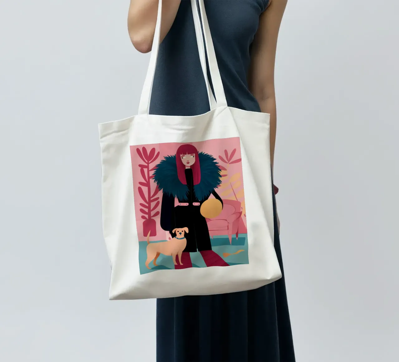Chic con un cane da compagnia borsa in juta da Flock Reverie