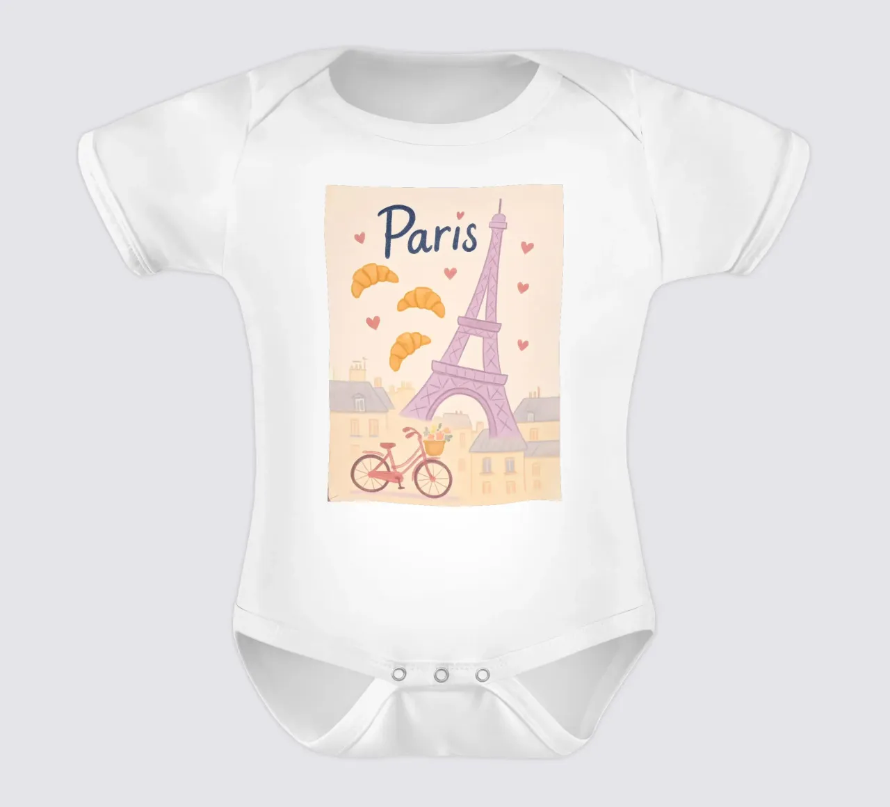 Ilustración de París con la Torre Eiffel y una bicicleta body de bebé de 🥝 KIWI STORE