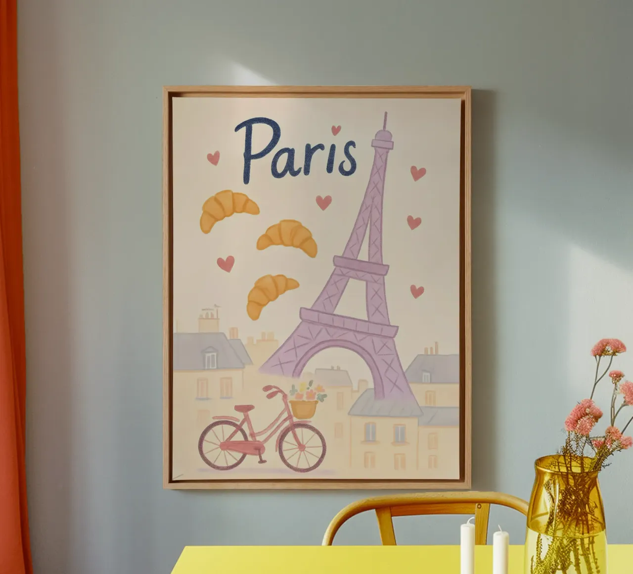 Illustrazione di Parigi con Torre Eiffel e bicicletta tela con Cornice a cassetta da 🥝 KIWI STORE