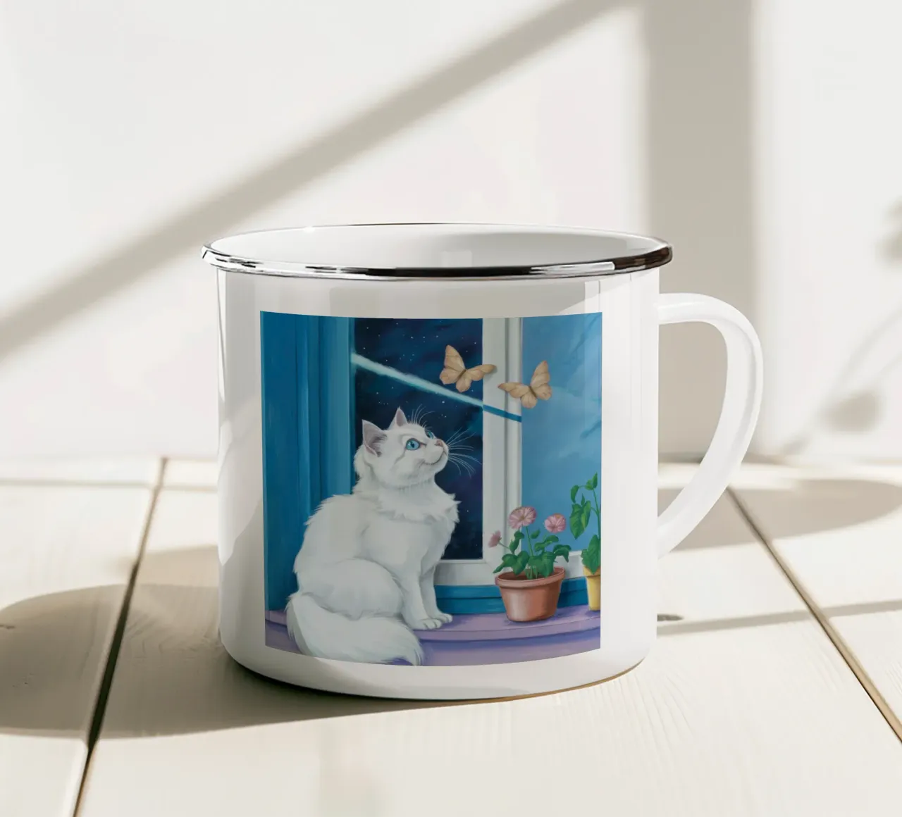 Window Sill Wonder enamel mug by Flock Reverie