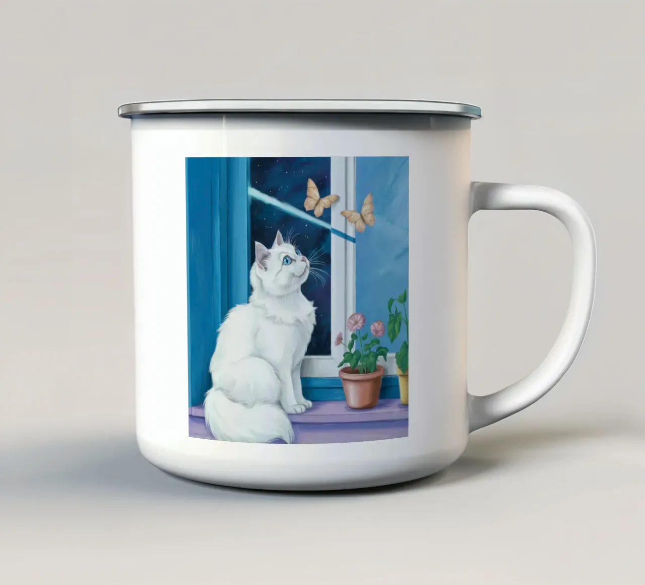 Window Sill Wonder enamel mug by Flock Reverie