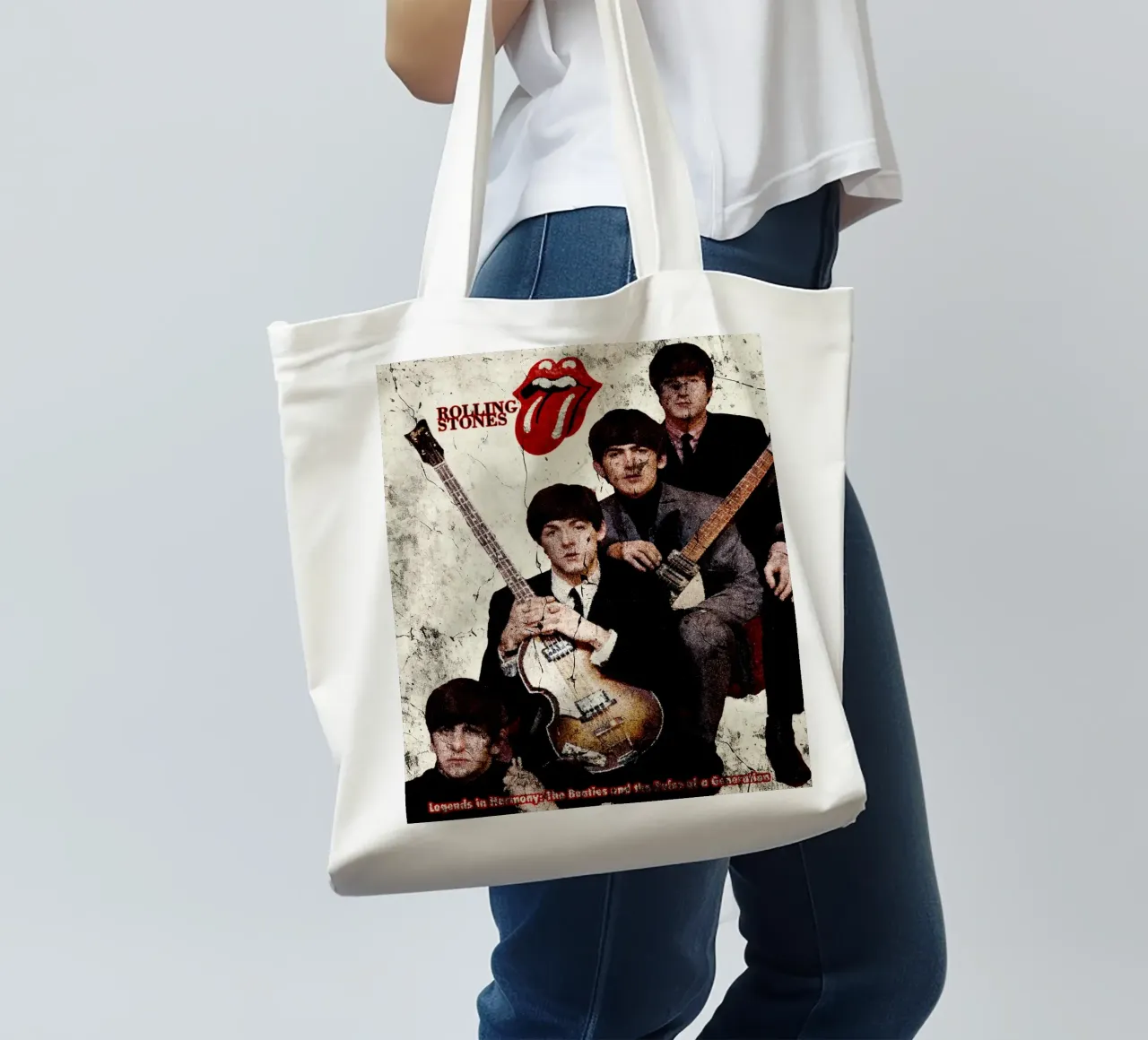 I Rolling Stones con la leggendaria "Introducing Lips" borsa in juta da Abasa Inaraya