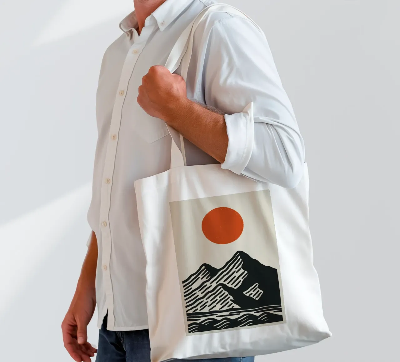 Poster naturalistico di ispirazione giapponese - Sole di montagna grafico borsa in juta da Studio Mooodz