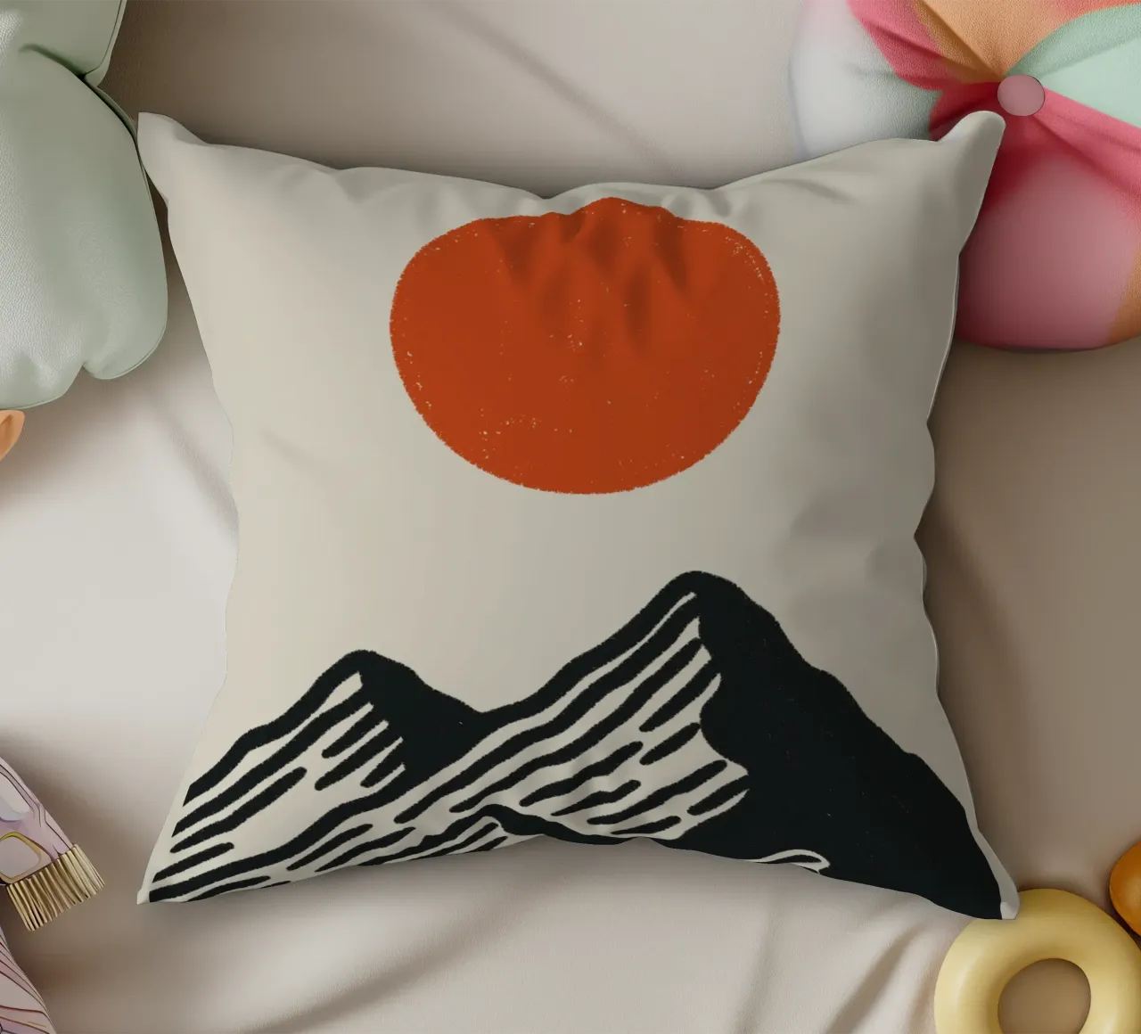 Japan-Inspired Nature Poster – Graphic Mountain Sun decorative cushion by Studio Mooodz
